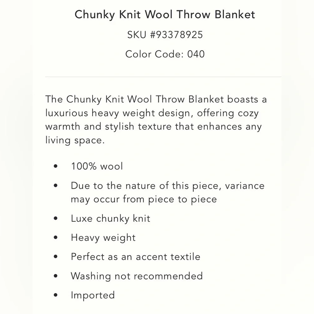 Anthropologie Chunky Knit Wool Throw Blanket NWT